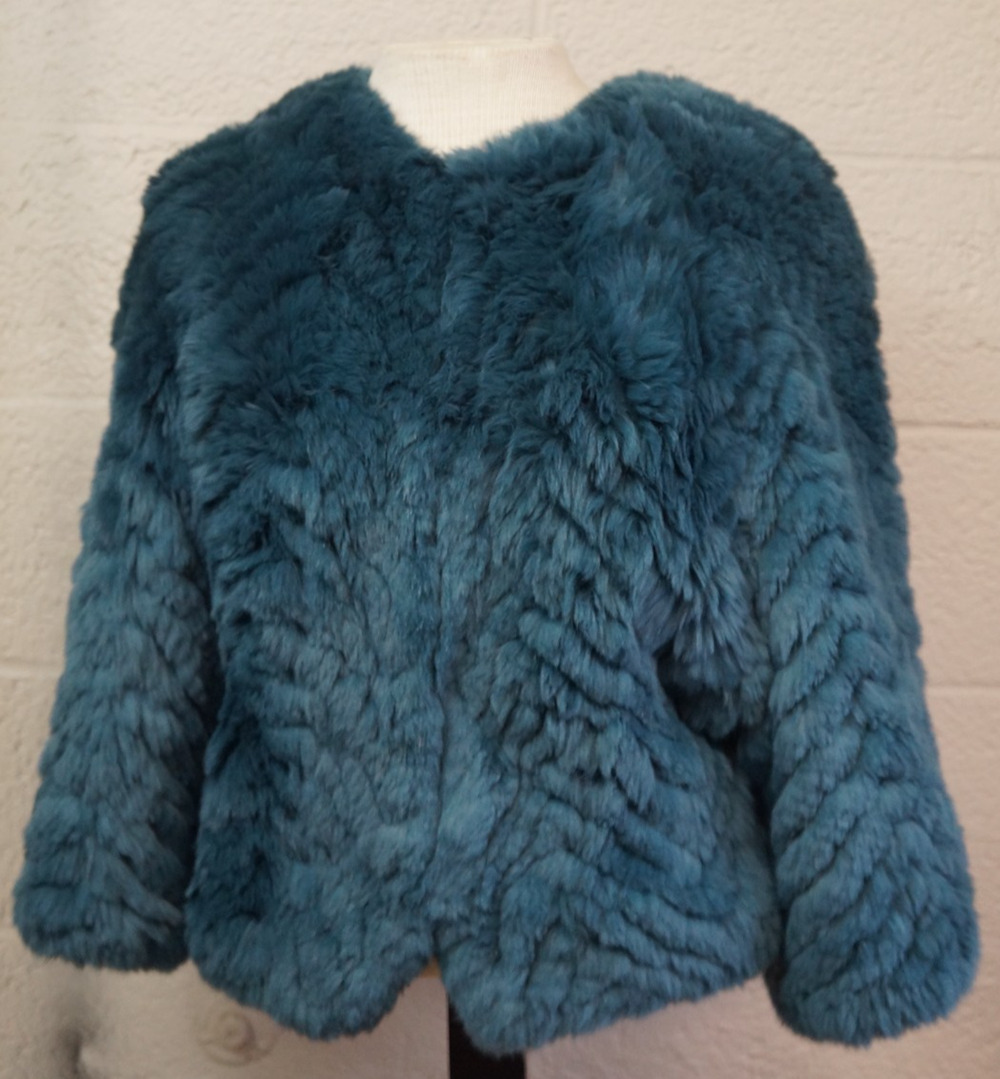 Barneys New York Teal Real Rabbit Fur Jacket Cropped Jagger Luxury Coat Size S